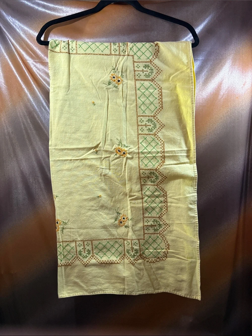 Vintage Yellow hand Floral Embroidered tablecloth cotton 137